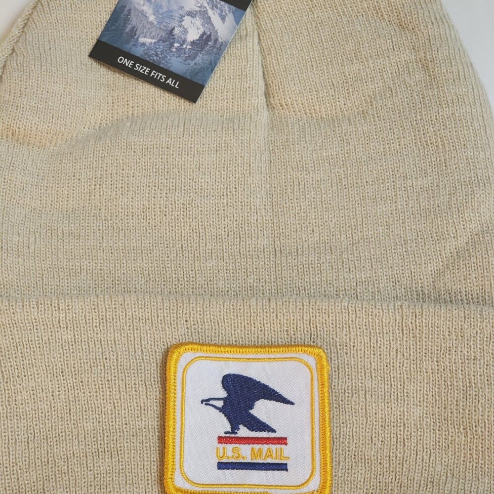 U.S. MAIL Patched Knit Cuffed Beanie in Beige